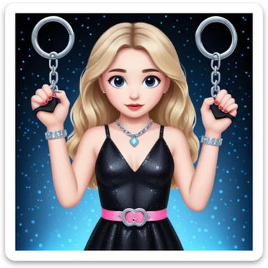 Sabrina carpenter at concert wearing a black sparkly dress with a silver sparkle v neck. she is holding up pink handcuffs. facing audience, blue and red lights setting  sticker