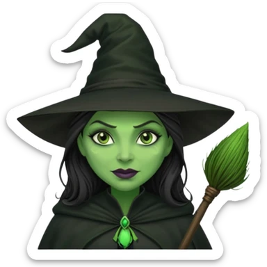 elphaba wicked witch with broom close up, evil dark coily long dark hair, green skin, thick green lips, cheekbones, smirk evil menacing cythia erivo dark aesthetic black hat cloak o sticker