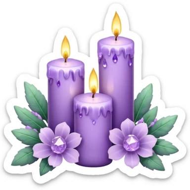 Aesthetic scenic romantic lavender lilac pastels beautiful gorgeous holy divine spiritual pretty elegant sparkly shiny scene of Candles, flowers, plants leaves, amethyst crystals, scenic aesthetic scenery sticker