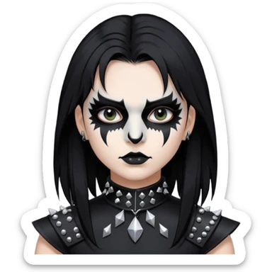 Crea una ragazza con stile black metal,  paint face black metal, capelli neri mossi dalle spalle e occhi bianchi e un collare con borchie a punta sticker