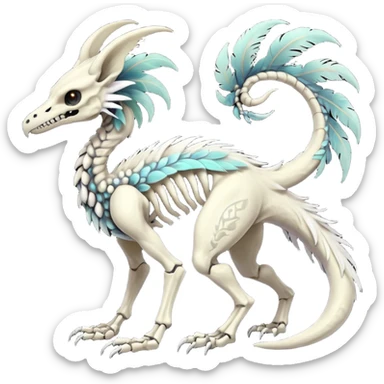 Rare realistic tribal patterned white whitish pastel colorful iridescent shiny glossy feathered skeletal badass epic handsome gorgeous aesthetic black-skulled Vernid-Trico-Sergal-Salandit-Nargacuga-species-Fakemon-creature by LiLaiRa, 4 legs, 1 tail, random markings, (full body) long ears sticker