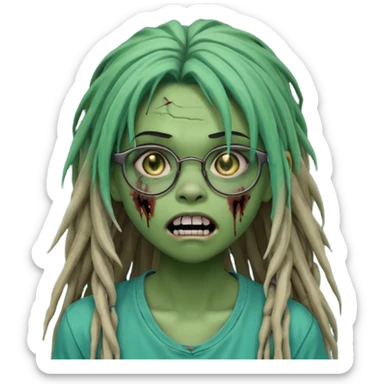 One teen female green-skinned, zombie super pretty with glasses, with ombre black roots & teal tips long dreadlocks and a side bang of her locs that fall over the right eye and a worried expression like with the mouth open, teeth showing, and the jaw uneven. with a small wound near its mouth. sticker