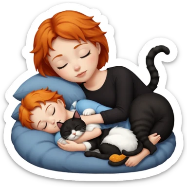 Ginger Girl short hair sleeping with two cats a black and a white bigger cat  sticker