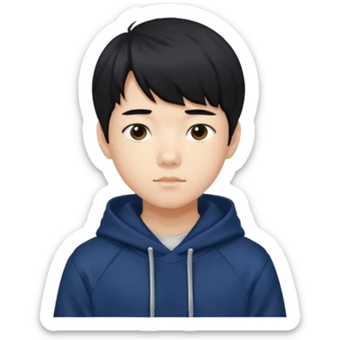 흑발에 앞머리를 덮은 잘생긴 14세 한국소년/ 옷 색깔은 남색 후드티 sticker