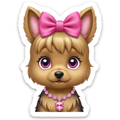Yorky puppy long hair in ears and face with short face, big eyes topknot with hot pink bow and rhinestone necklace pink diamond sticker