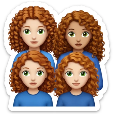 Make me 3 girls. One with medium size curly ginger hair, white skin and green eyes,  one with long curly dark brown hair with a little just a little darker skin and brown eyes,  and one with white skin and straight dark blonde hair and blue eyes  sticker
