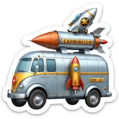 Heroic SuperBug Ron’s exterminator superminator antique rocket-powered tall robot transit van (motto: bug out rocket Bombing creepy bugs is fun) sticker