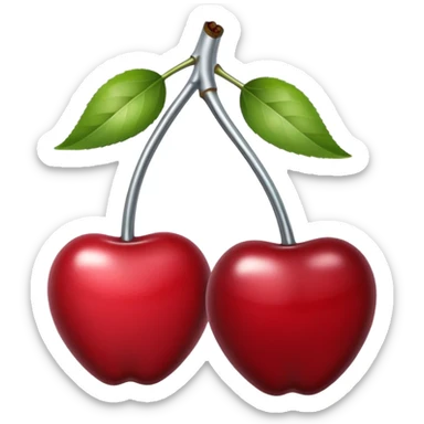 A pair of cherries emoji made of polished silver chrome, smooth rounded shapes, glossy metallic finish, soft highlights and reflections, cute proportions, iOS emoji style, centered, clean white background, no text sticker