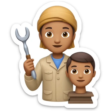 Apple Memoji-style 3D emoji of a sculptor with a small statue and chisel, smooth gradients, rounded edges, no background. sticker