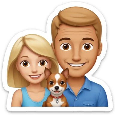 Una mujer blanca y un hombre moreno con un perrito sticker