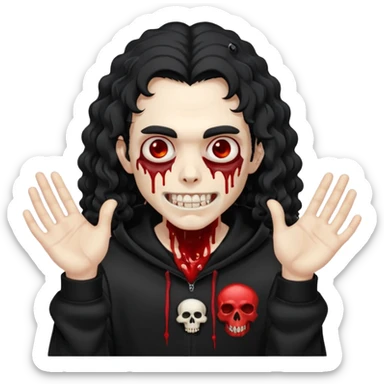 Vampire wearing a black hoodie with a skull logo on it, long curly hair that covers the forehead, fanged teeth and blood on hands sticker