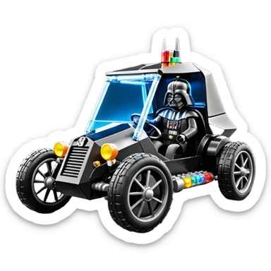 Mad max survival apocalypse ghostly sporty antique electric Darth Vader’s Batman-armored 1926 black graphite colored enclosed twin seat Lego town buggy with horizontal holographic 3d stars painted on the body sides and neon under glow  sticker