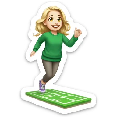 a white girl in a green sweatshirt playing hopscotch sticker