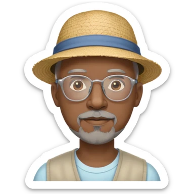 Bald mature Black male with Grey goatee and light glasses and a summer hat
 sticker