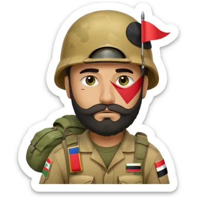 A very tired and sad, swarthy Iraqi soldier with a beard, an Iraqi flag on his helmet, a sad expression and bags under his eyes sticker