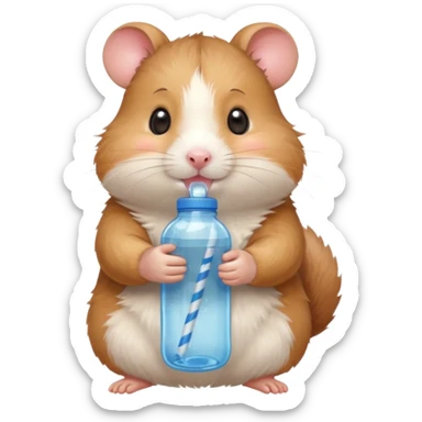 Cute cartoon-style hamster hugging an oversized water bottle, sipping with tiny straw, happy expression. Painterly shading, expressive eyes, white background, sticker-style illustration sticker