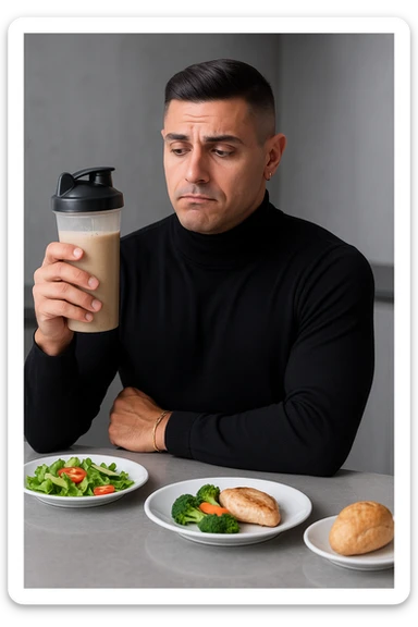 un uomo in abiti da ufficio tiene in mano uno shaker o una bottiglia di sostituto pasto, guardandolo con un’espressione neutra o leggermente indecisa. Sul tavolo davanti a lui ci sono piatti di cibo solido non toccati, come insalata, pollo e pane, a sottolineare la sua scelta di evitare il pasto tradizionale. L’atmosfera è moderna e riflessiva. sticker