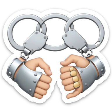 An emoji of two hands cuffed behind the back with metallic handcuffs. The wrists are slightly tilted inward, showing restraint. The handcuffs have a reflective silver surface, symbolizing arrest, punishment, or law enforcement. Simple, cartoon-style design sticker
