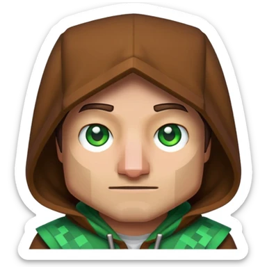 Pixel art 2D emoji of a Minecraft villager face, with brown hood, big nose, green eyes, and blocky edges in Minecraft style sticker