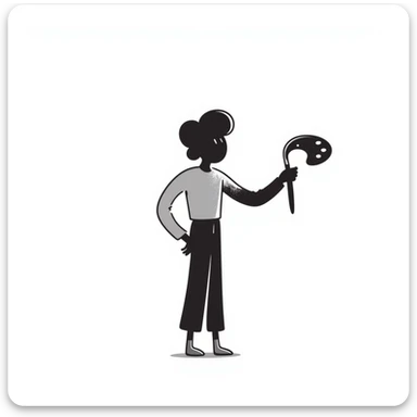 A paintbrush morphing into a metal human figure silhouette, representing artistic identity sticker