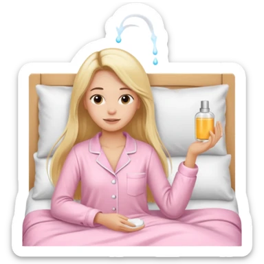 A girl in a light pink pajama is taking care of her skin with a skincare routine in bed, her hair is long, blonde, and straight. sticker