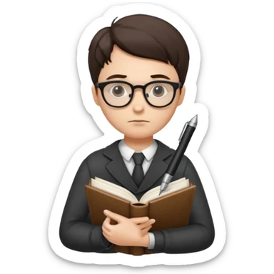 writer holding big pen in hand and closed book in other hand, wearing glasses sticker