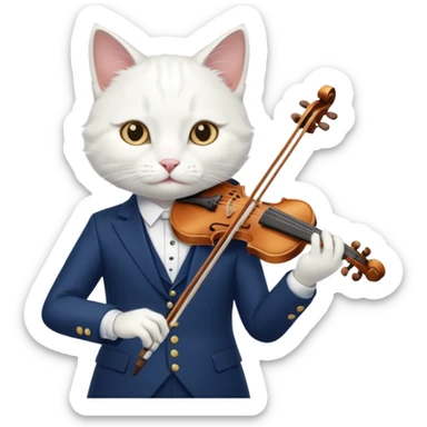 white cat play violin, wear navy suit sticker