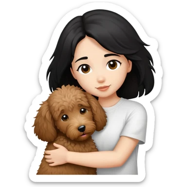 One girl with medium long black hair dressing white T-shirt, hugging One little brown coated labradoodle. sticker
