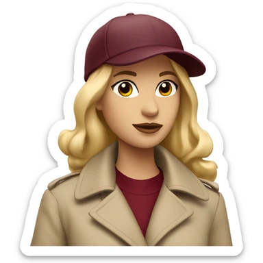 Blonde girl wearing beige trench coat and burgundy baseball cap written Paris on it  sticker