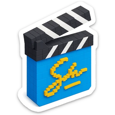 voxel style movie clapperboard with a gold director's signature, isometric view sticker