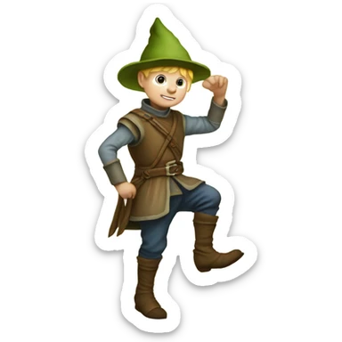 Medieval little whimsical little boy who is pale and he has a leaf hat and is about to get stepped on by a giant boot sticker