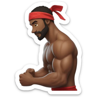 muscular man in red bandana standing sideways turns his head to face the viewer,his left hand is bent in the elbow,torso sticker