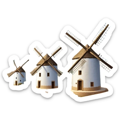 ​Cinematic Realistic Spanish Windmills (Mota del Cuervo), depicted as a cluster of gracefully aged windmills with weathered whitewashed facades and rustic wooden sails, standing proudly on a sunlit, rolling hillside of golden fields and olive groves, rendered with intricate textures and soft natural lighting that captures the timeless rural charm and historical significance of the Spanish landscape, sticker