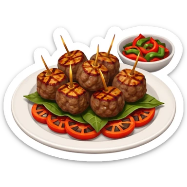 Akçaabat meatballs object icon, grilled Turkish kofte pieces on a plate, smoky char marks, juicy texture, served with grilled peppers and tomatoes, 3D cartoon, mobile game icon style, centered, clean background, no text, no watermark
 sticker