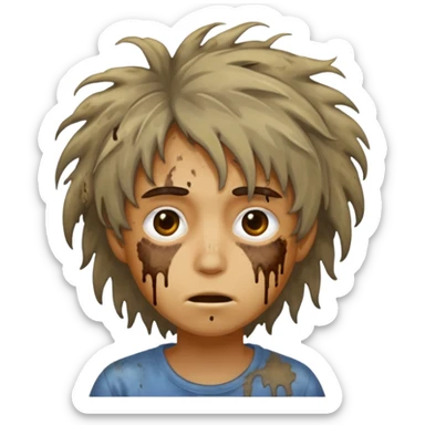 very dirty looking homeless person very very dirty and smelly looking face only, not old with stains everywhere and messy hair and lots of stains on face sticker