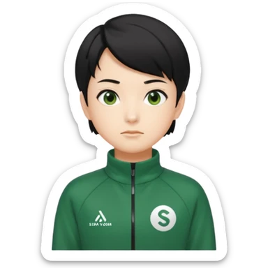 Sae-byeok from Squid Game, green tracksuit, short black hair, neutral face, stylized emoji sticker