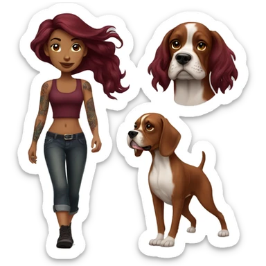 Beautiful tattooed  burgundy long haired woman walking a boxer dog sticker