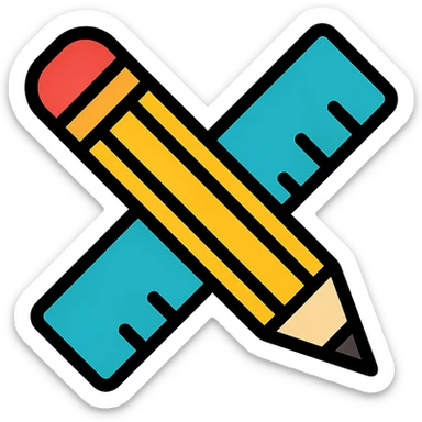 a pencil and ruler crossed, symbolizing design, colorful lineal icon with black outlines sticker