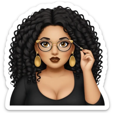 big plus size, latina, darker tan skin, long black curly hair, baddie,pretty, makeup, lipliner, black eyeliner, long hair, gold earrings, black top, black glasses sticker