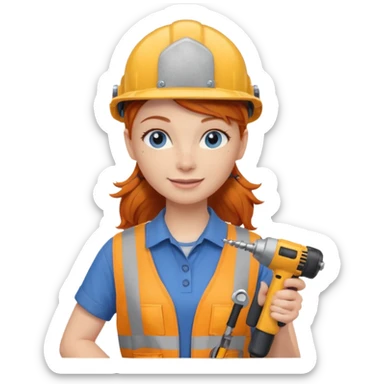 A ginger haired girl blue eyes, handyman Outfit, wearing a Helmet, with drill sticker