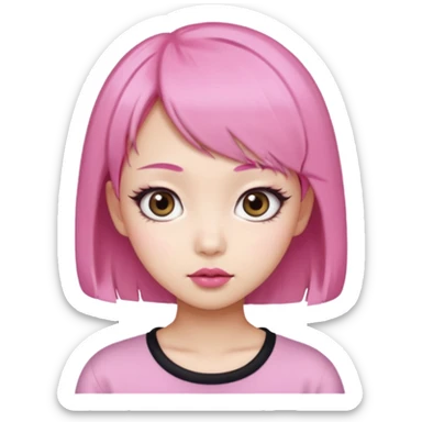 An Asian girl with pink short hair, big eyes, thick eyebrows, and long eyelashes;  sticker