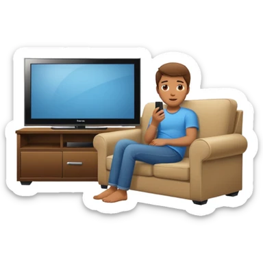 A man photographed from behind, sitting on a sofa and watching the news on TV on a modern flat screen. The setting is a living room. sticker