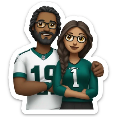 Brown guy with beard mustache and brown girl with glasses and her hair in a bun in Philadelphia eagles clothes holding hands sticker