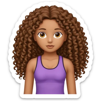 Uma boneca morena com olhos castanhos e cabelo cacheado longo até o peito, treinando Gym sticker