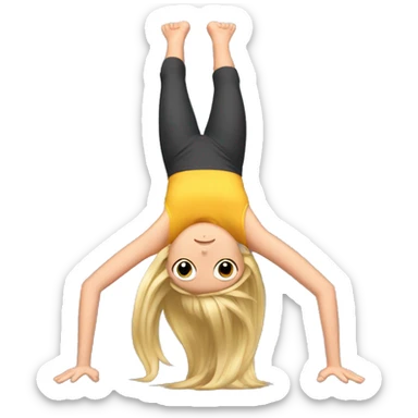A girl doing a handstand with her legs twisted backwards with her hair looking like a birds nest doing bombastic side eye sticker