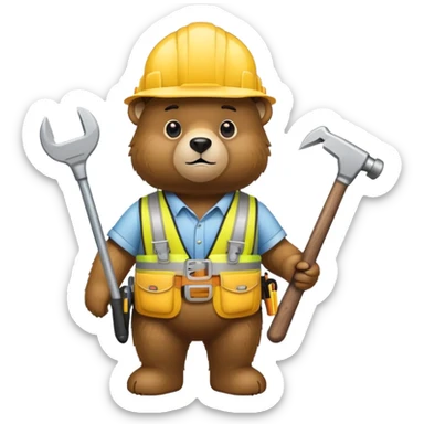 Bear wearing a yellow construction hard hat and tool belt sticker