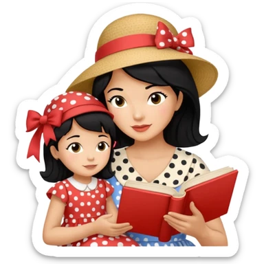 A black hair mother in a ribboned hat wearing polka dot dress reading a storybook to her child. sticker