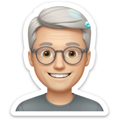 30 yr old pale white man, grey side swept hair, round glasses, big smile, white teeth, handsome, longer hair, thin glasses sticker
