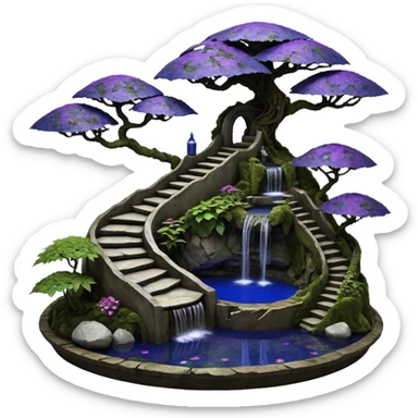 Alien saucer house jungle-vines precarious narrow stairway fountain koi pond mountainside-island getaway nighttime landscape antique mudman very old broken cracked intricate Stone Age lapis-crusted irregular dodecagon-shaped shallow dark moss rough bark violet serissa flowered maple tree bonsai sticker