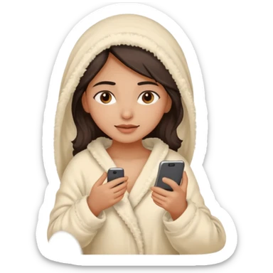 a pretty bratz fair indian girl covered in blanket, wearing beige pajamas, using phone sticker